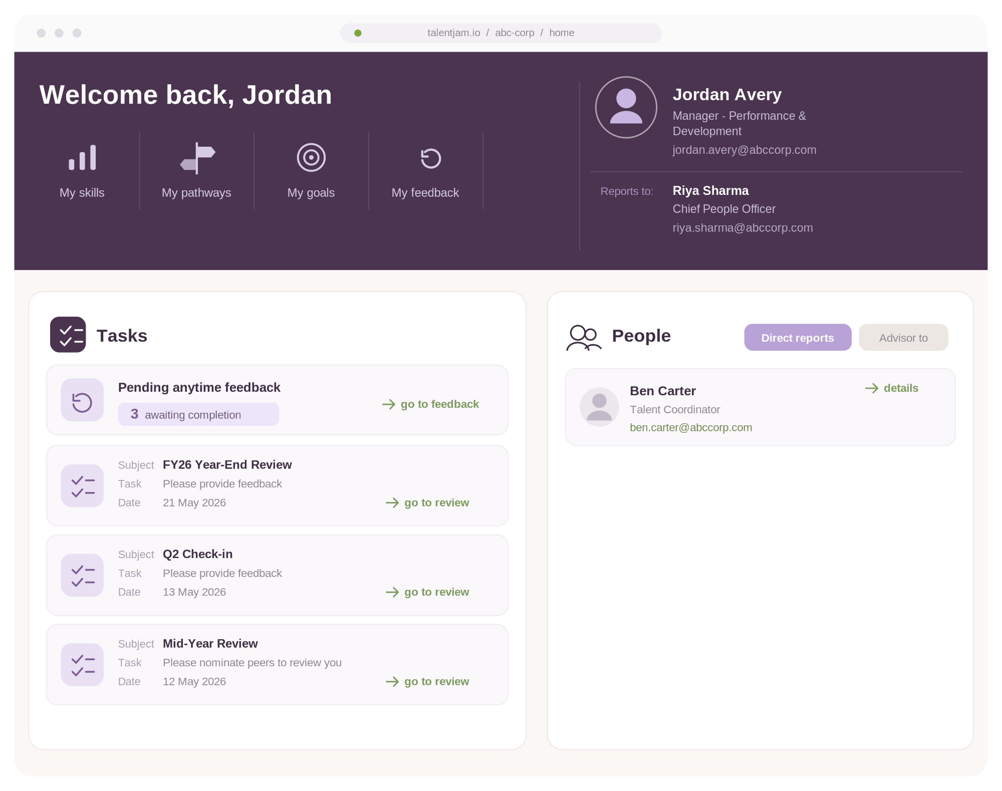 Personal dashboard — tasks, feedback and people at a glance