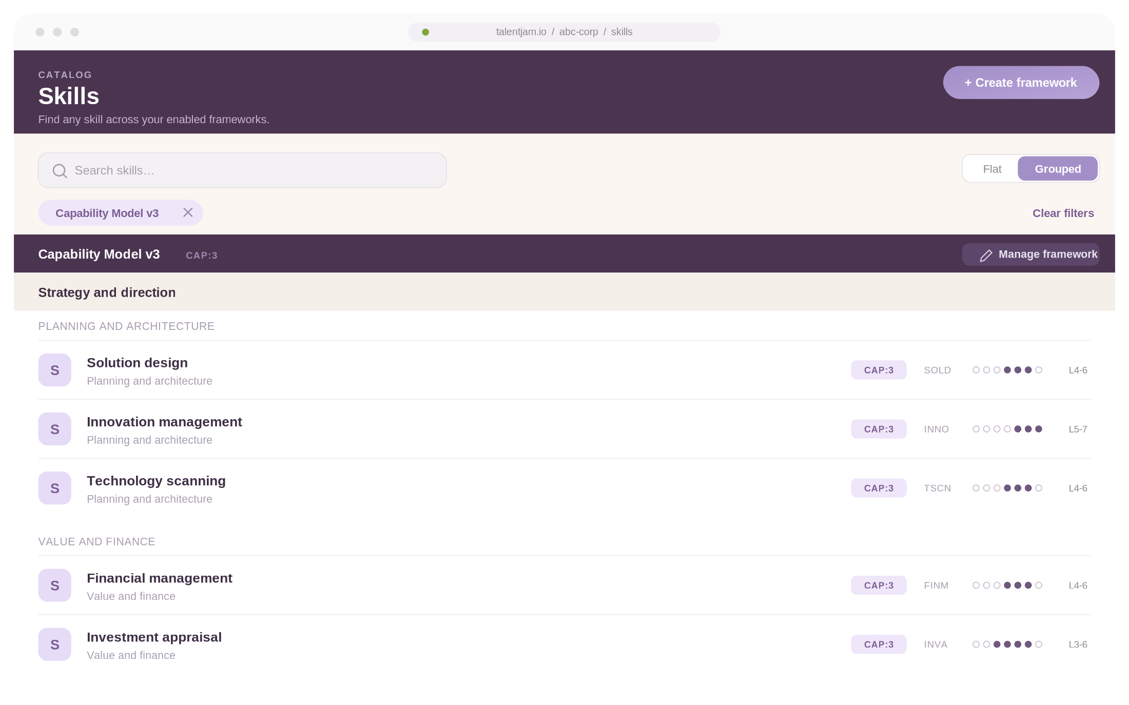 Framework-aligned skill catalogue